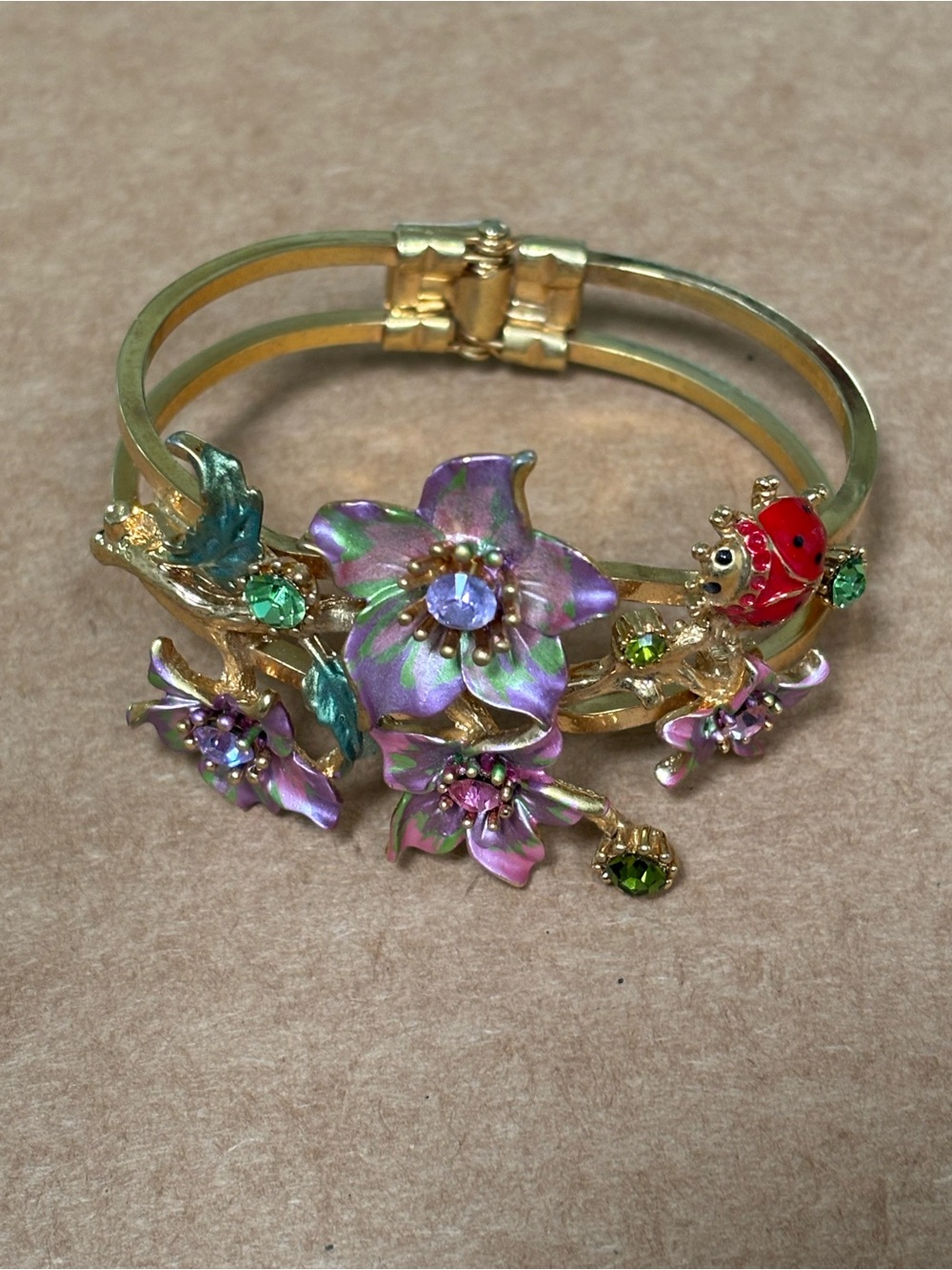 Gold Floral Hinged Bangle Bracelet Purple Enamel Flowers Red Ladybug Accent